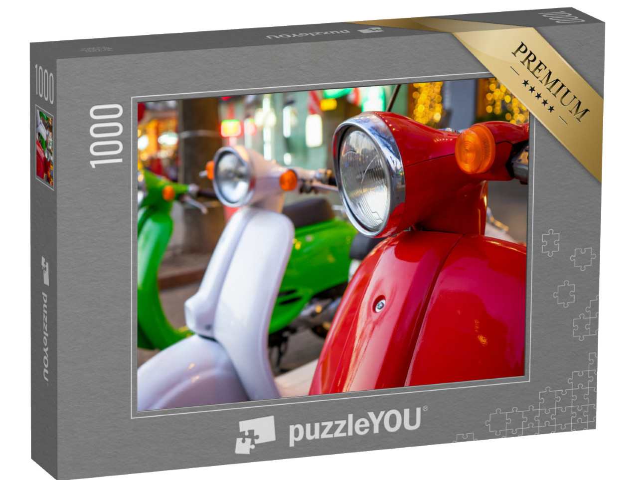 Puzzle 1000 pezzi „Scooter vintage retrò vicino a un ristorante italiano. Un moderno mezzo di trasporto personale.“