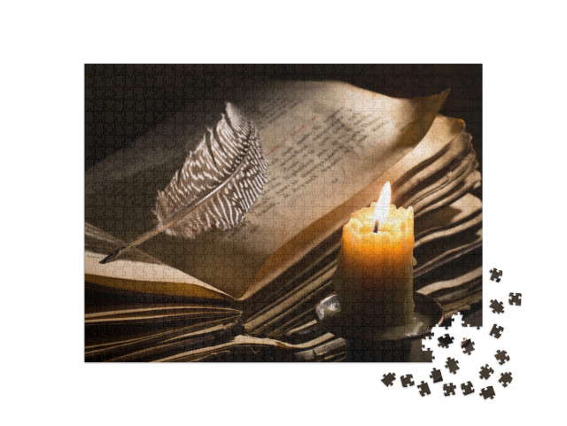 Puzzle 1000 pezzi „Candela accanto a un libro medievale“