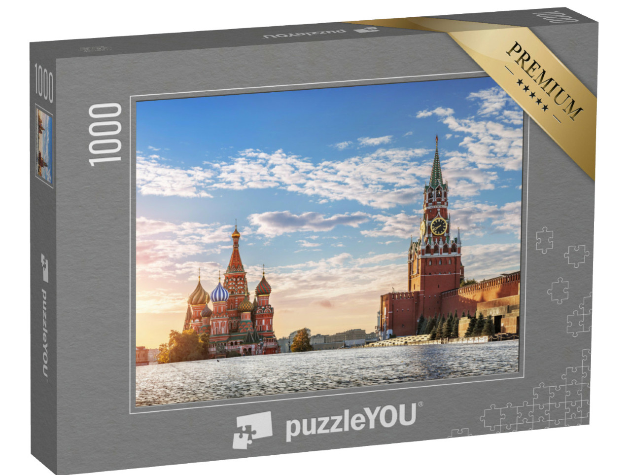 Puzzle 1000 pezzi „La Cattedrale di San Basilio e la Torre Spasskaya sulla Piazza Rossa di Mosca“