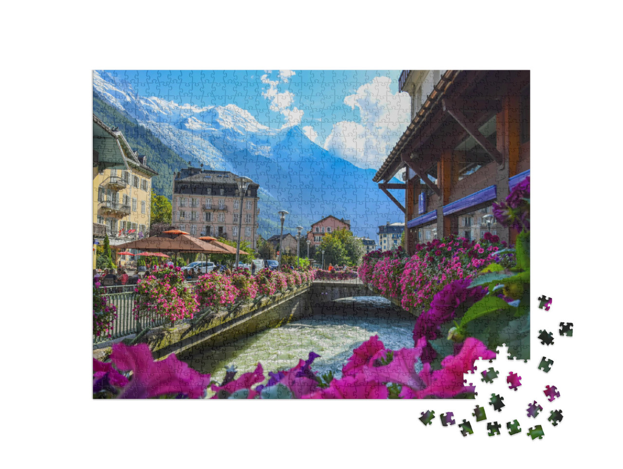 Puzzle 1000 pezzi „Vista sul fiume Arve e sul massiccio del Monte Bianco, Chamonix“