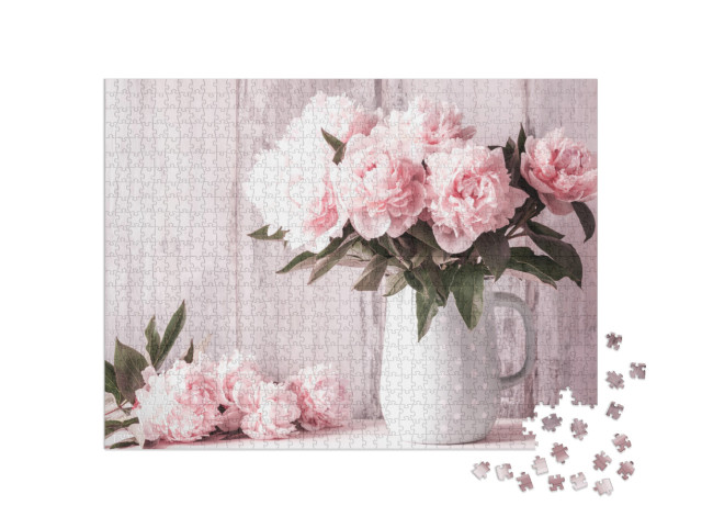 Puzzle 1000 pezzi „Bouquet di peonie in una brocca bianca“