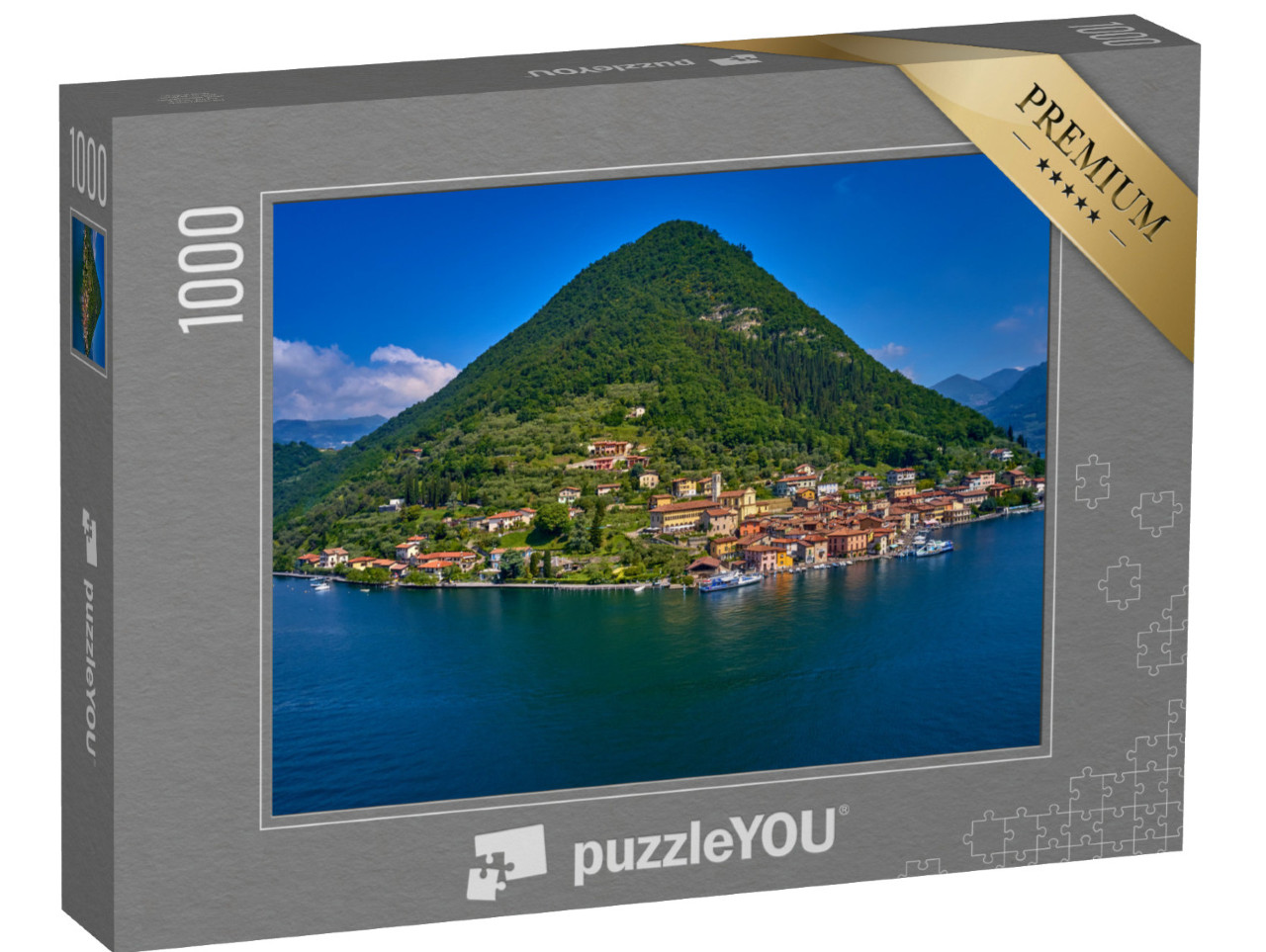 Puzzle 1000 pezzi „Volo su drone, vista aerea del lago d'Iseo, Italia.“