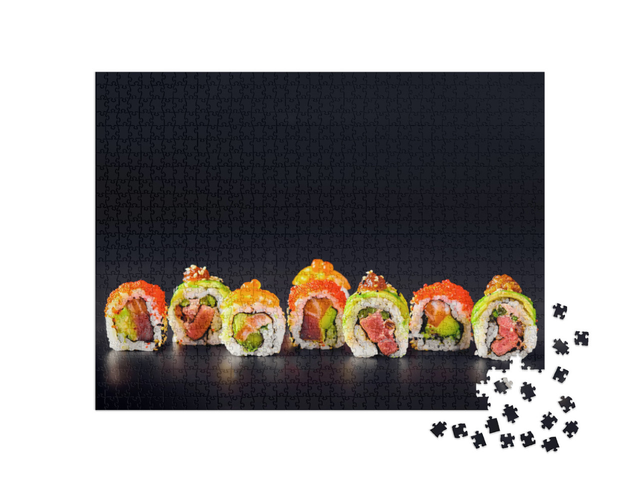 Puzzle 1000 pezzi „Involtini di sushi con caviale rosso, salmone e tonno“