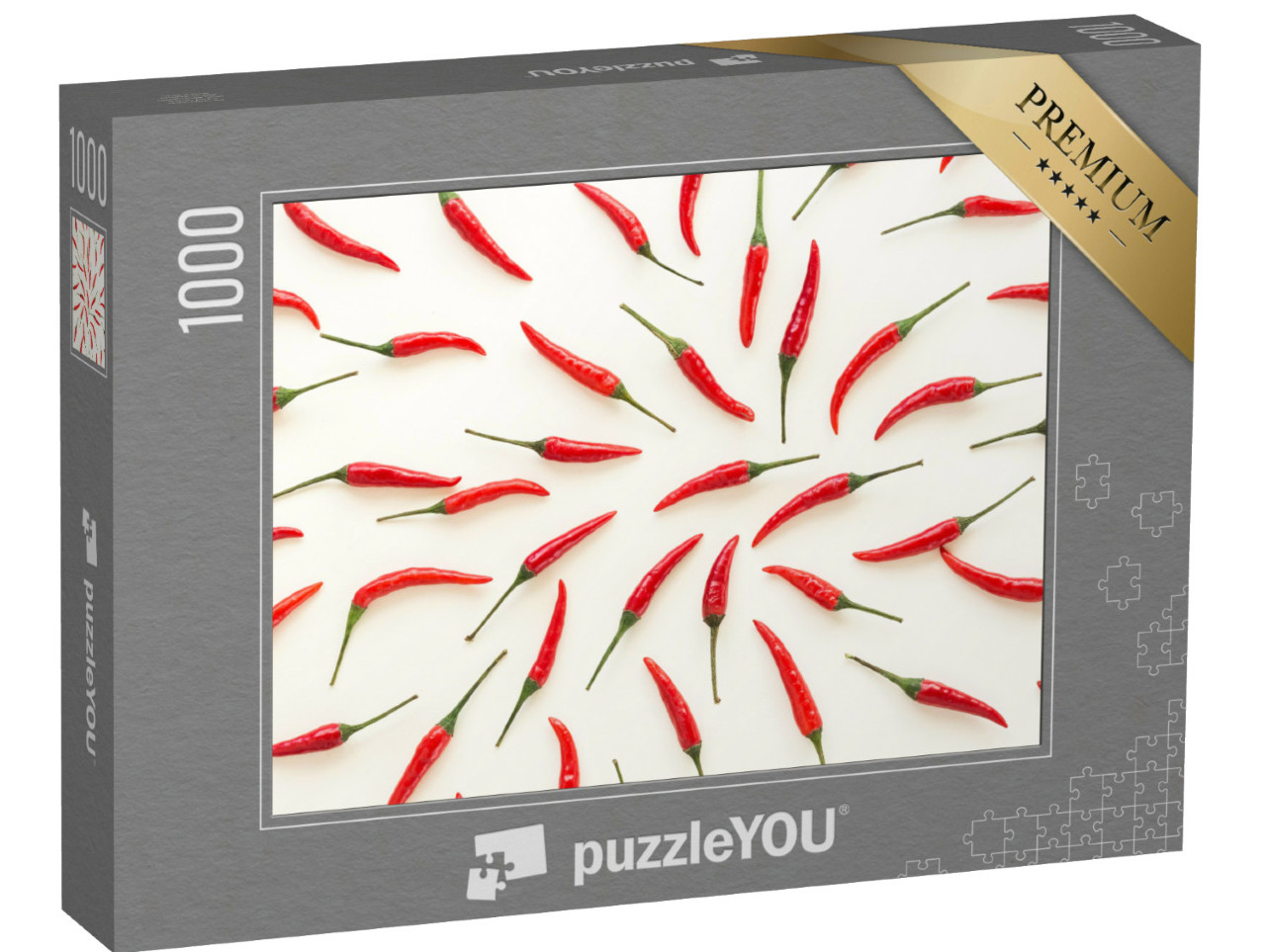 Puzzle 1000 pezzi „Tanti peperoncini rossi su sfondo bianco“