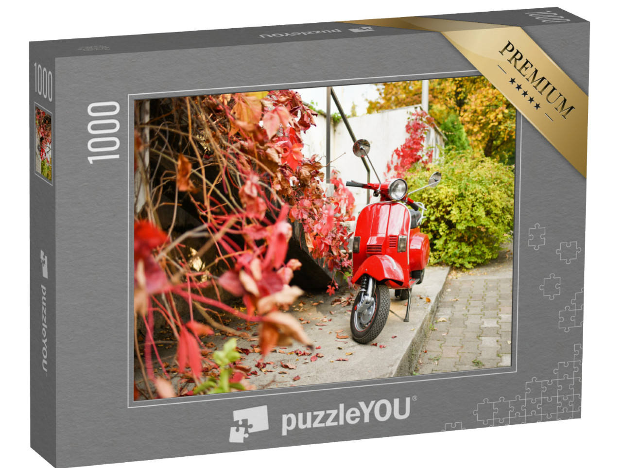 Puzzle 1000 pezzi „Ciclomotore rosso parcheggiato su un marciapiede con intorno piante verdi e rosse“