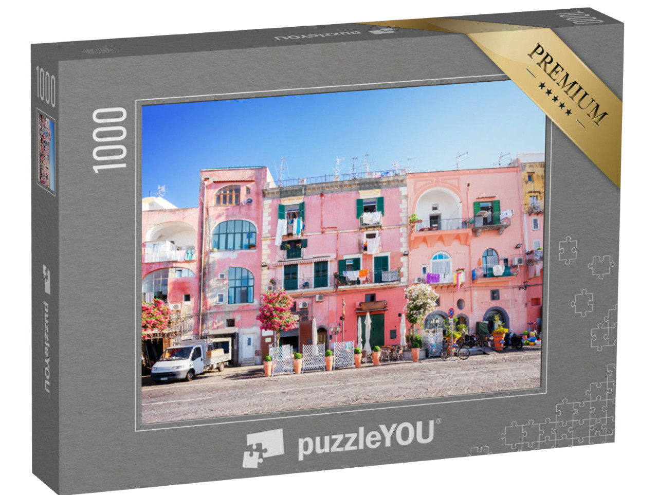Puzzle 1000 pezzi „Isola di Procida con case colorate nella strada di una piccola città, Italia, tonalità retrò“