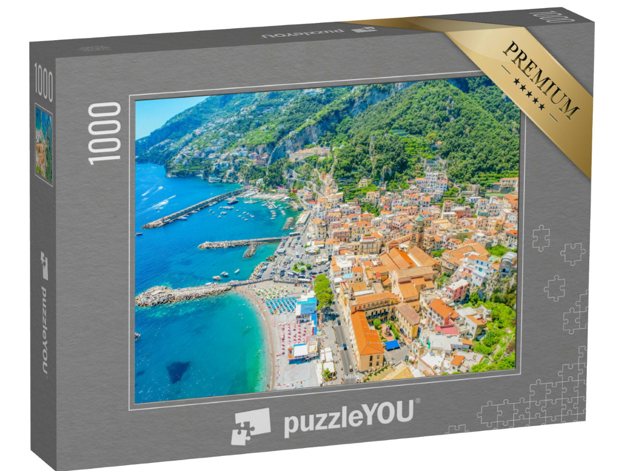 Puzzle 1000 pezzi „Amalfi, sulla Costiera Amalfitana, con l'acqua azzurra e le bellissime case colorate sulle scogliere“