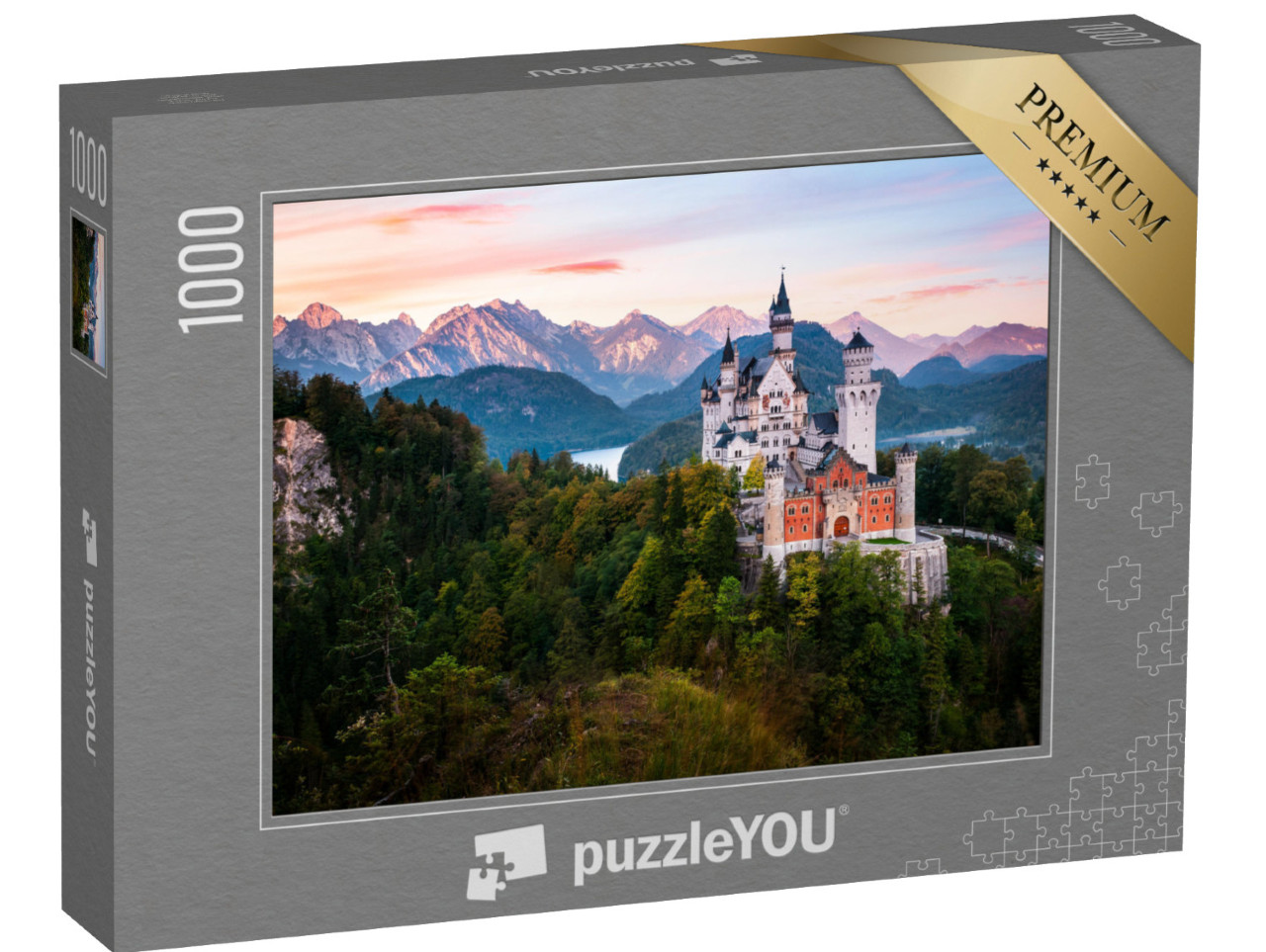 Puzzle 1000 pezzi „Panorama alpino con il castello di Neuschwanstein all'alba, Baviera“