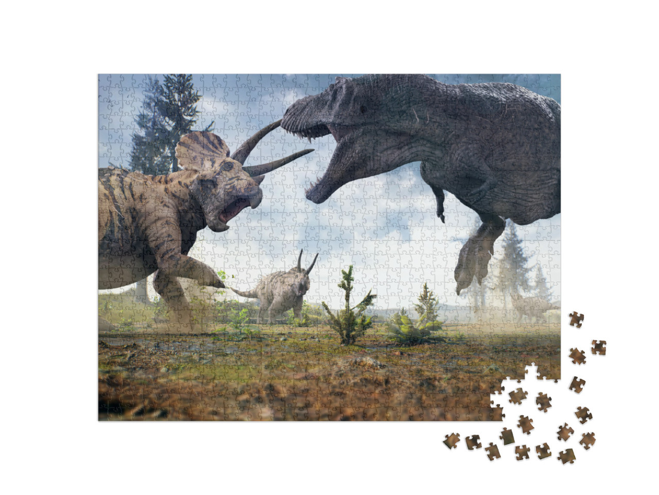 Puzzle 1000 pezzi „Un Tyrannosaurus Rex in battaglia contro un branco di Triceratopi“