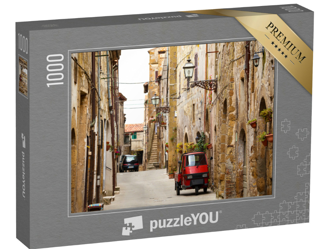 Puzzle 1000 pezzi „Piaggio Ape in piedi nella strada vuota di una vecchia città italiana“