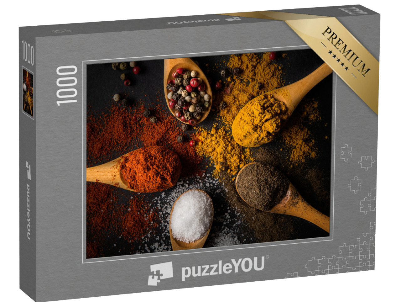 Puzzle 1000 pezzi „Una varietà di spezie su cucchiai di legno“