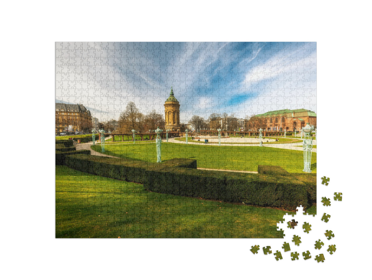 Puzzle 1000 pezzi „Torre dell'acqua con parco a Mannheim“