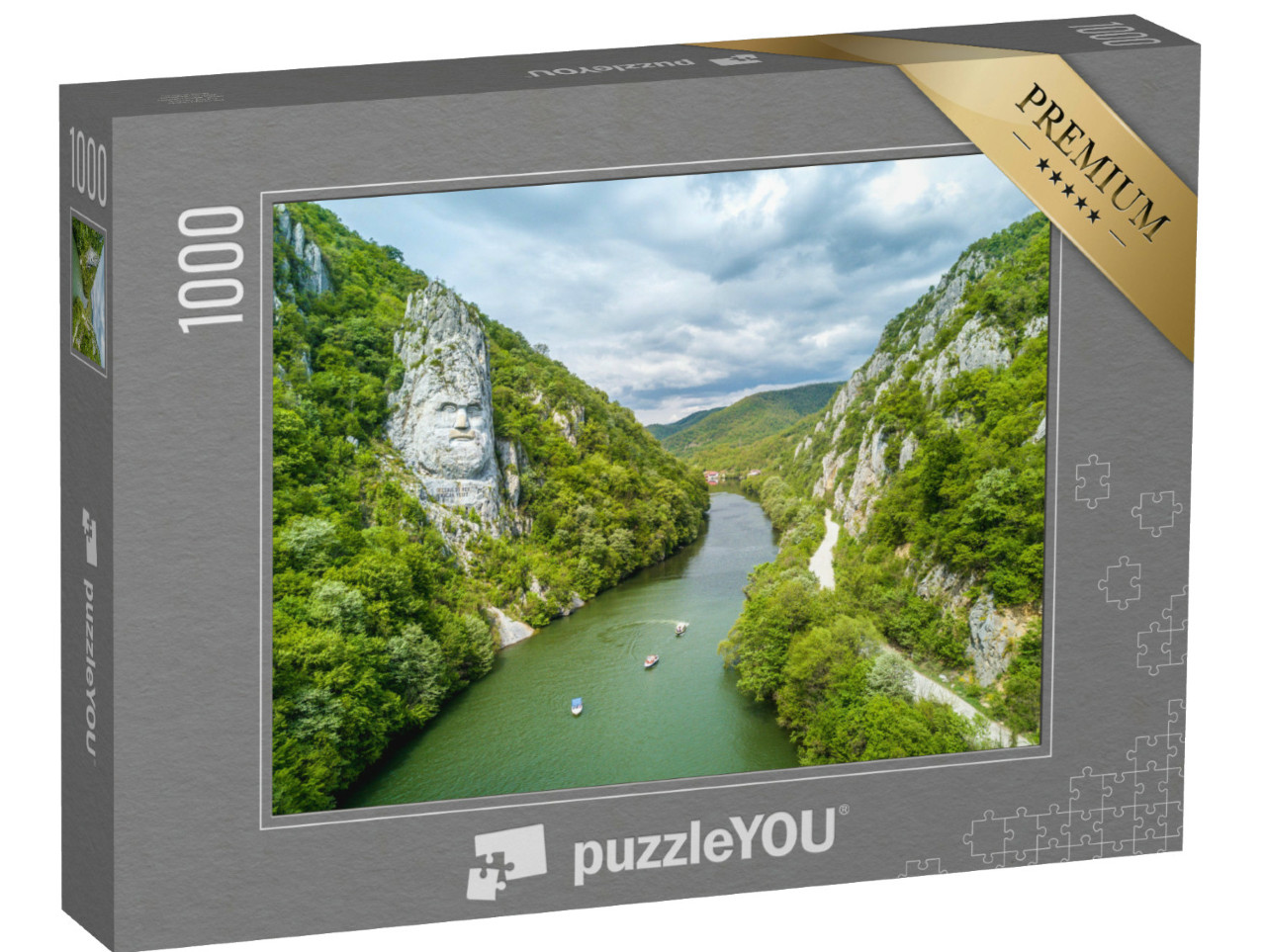 Puzzle 1000 pezzi „Testa di Decebal scolpita nella roccia, Gole del Danubio, Romania“