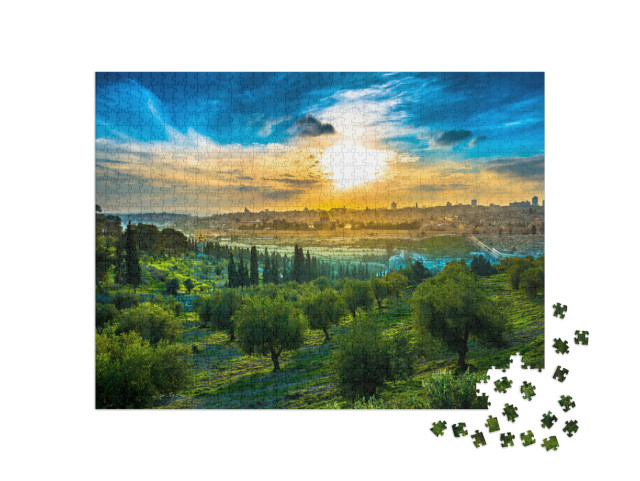 Puzzle 1000 pezzi „Un suggestivo tramonto sulla Città Vecchia e sul Monte degli Ulivi a Gerusalemme, Israele“