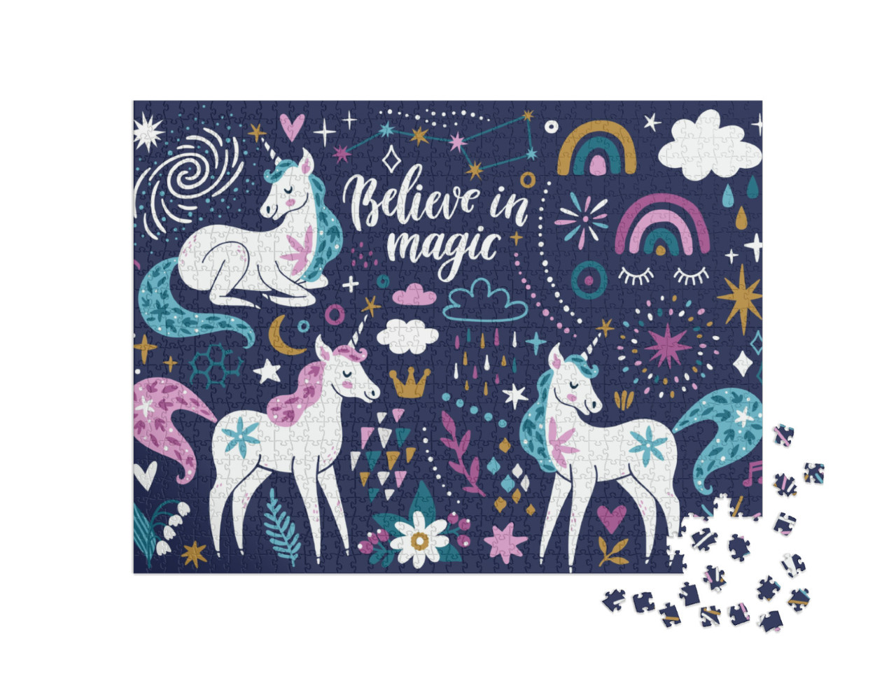 Puzzle 1000 pezzi „Unicorni, arcobaleni, nuvole, fiori, stelle e scintille“