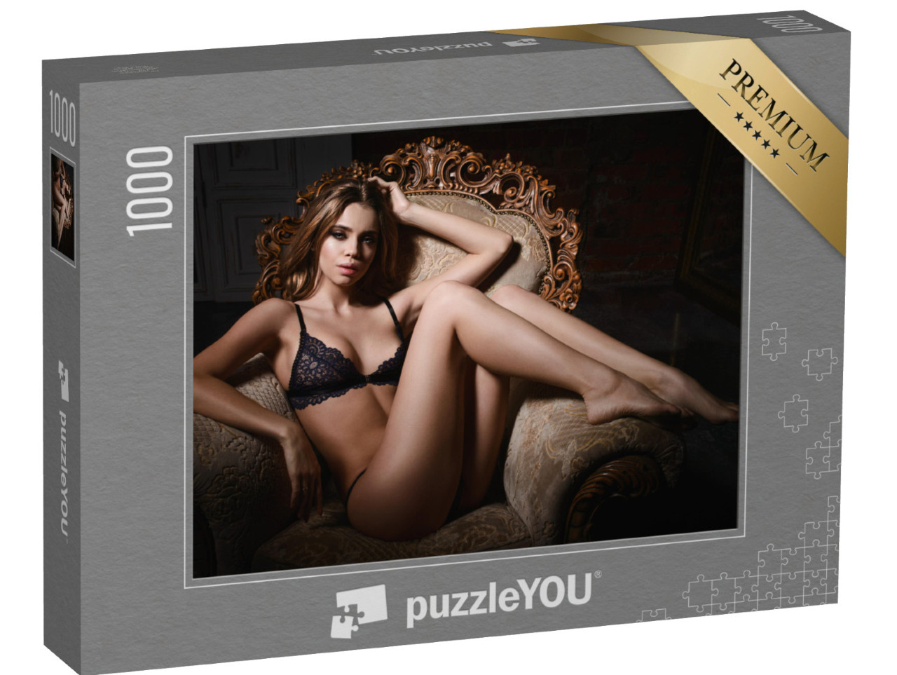 Puzzle 1000 pezzi „Fotografia erotica: donna in lingerie nera su una poltrona“