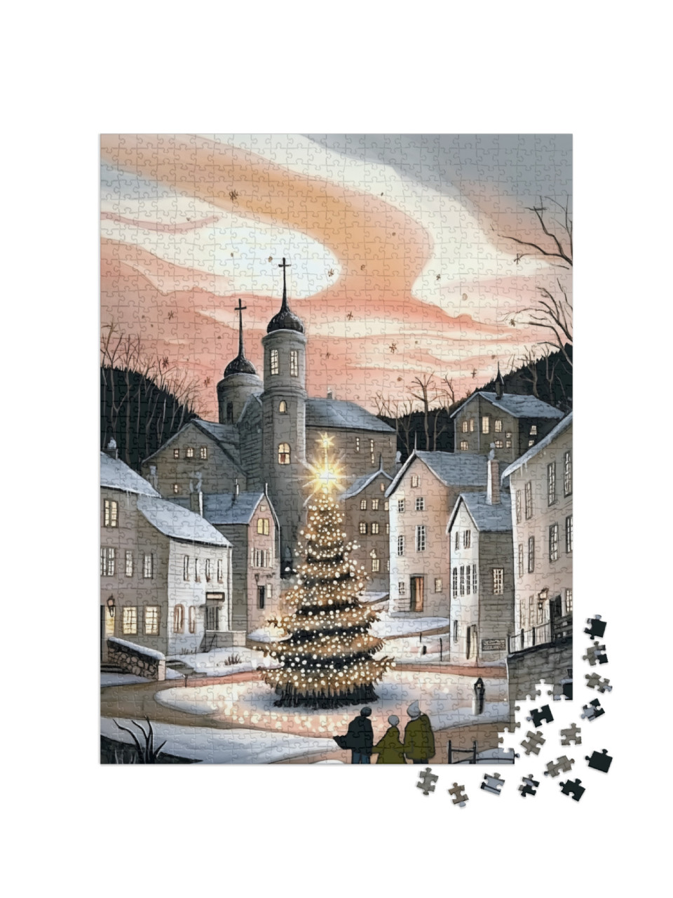 Puzzle 1000 pezzi „L'albero di Natale risplende nella piazza del paese“