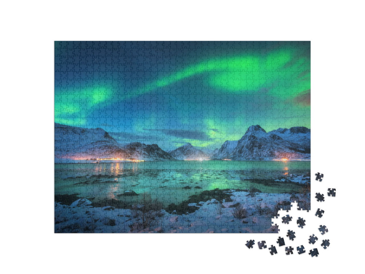 Puzzle 1000 pezzi „L'aurora boreale sulla costa del mare con le montagne innevate, Lofoten“