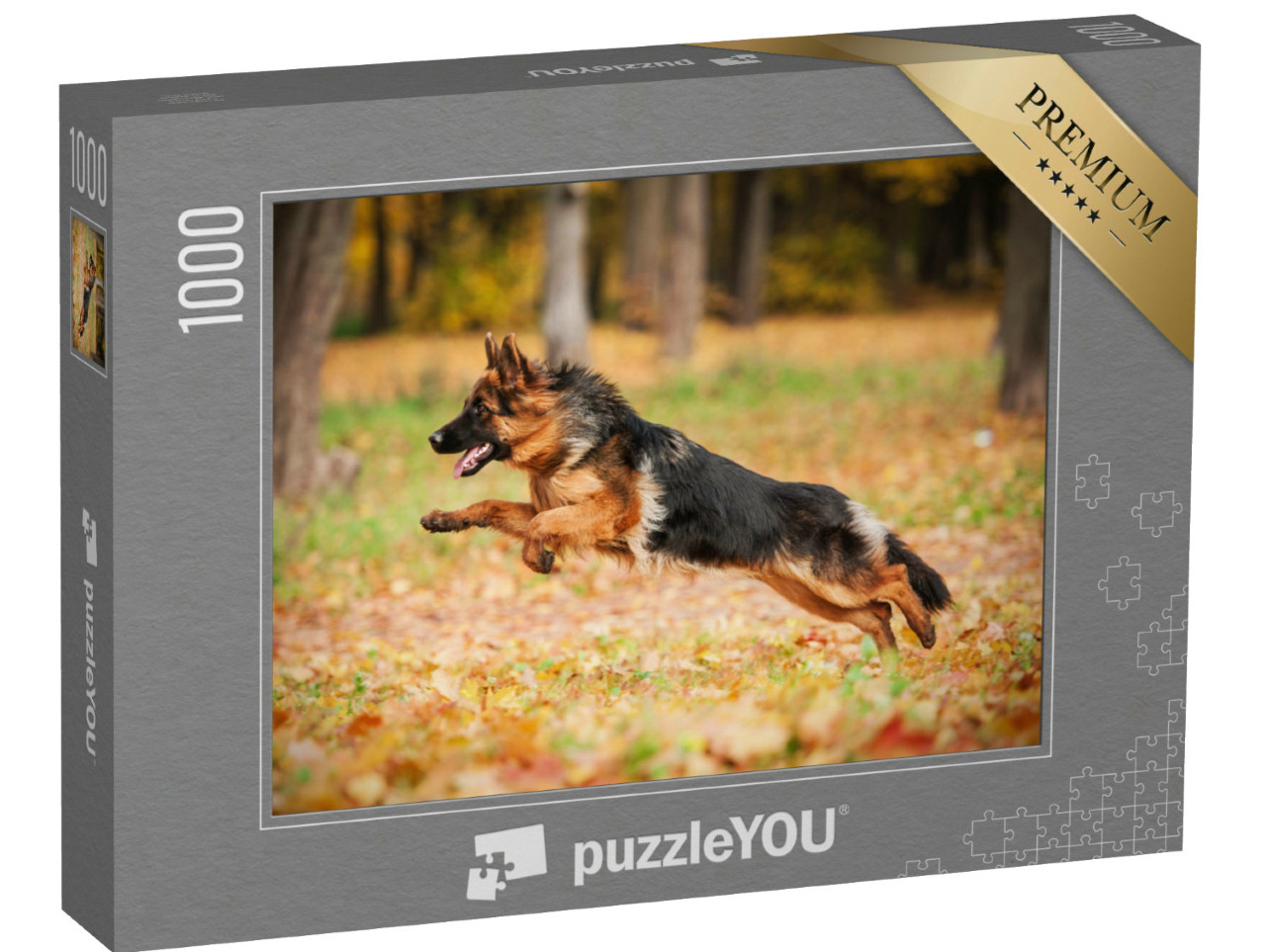 Puzzle 1000 pezzi „Cane da pastore tedesco che gioca in autunno“