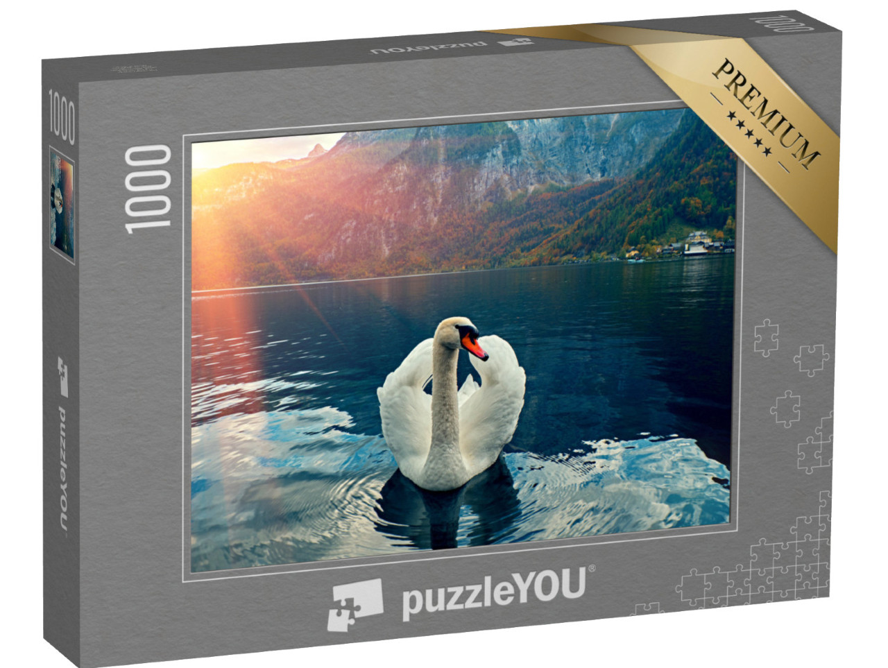 Puzzle 1000 pezzi „Cigno maestoso nel lago di Hallstadt, Austria“