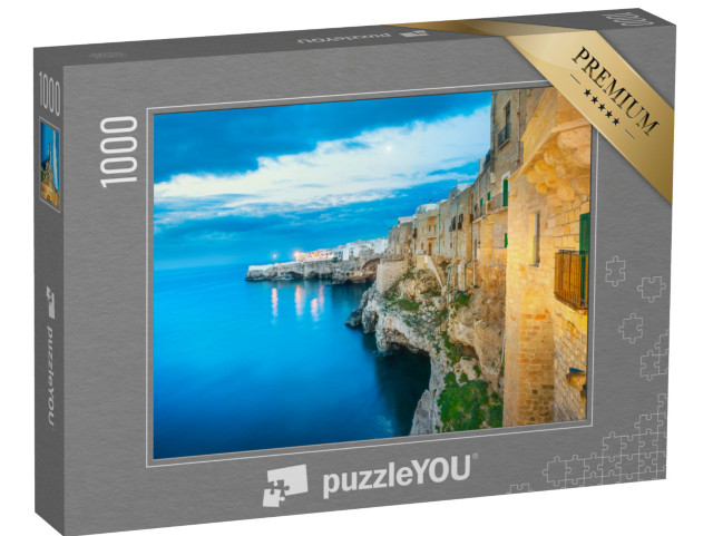 Puzzle 1000 pezzi „Polignano a Mare, villaggio sulle rocce al tramonto, Bari, Puglia, Italia meridionale. Europa.“