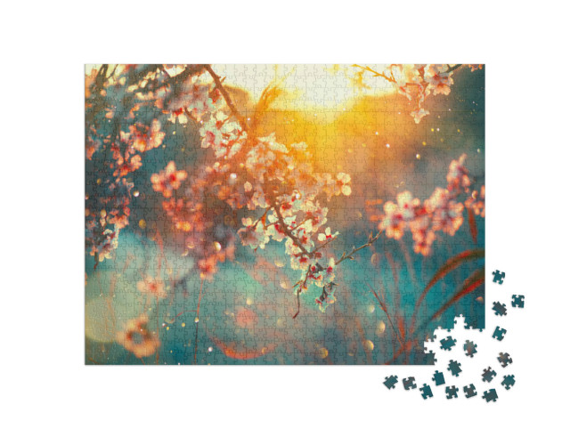 Puzzle 1000 pezzi „Alberi da frutto in delicata fioritura al sorgere del sole“