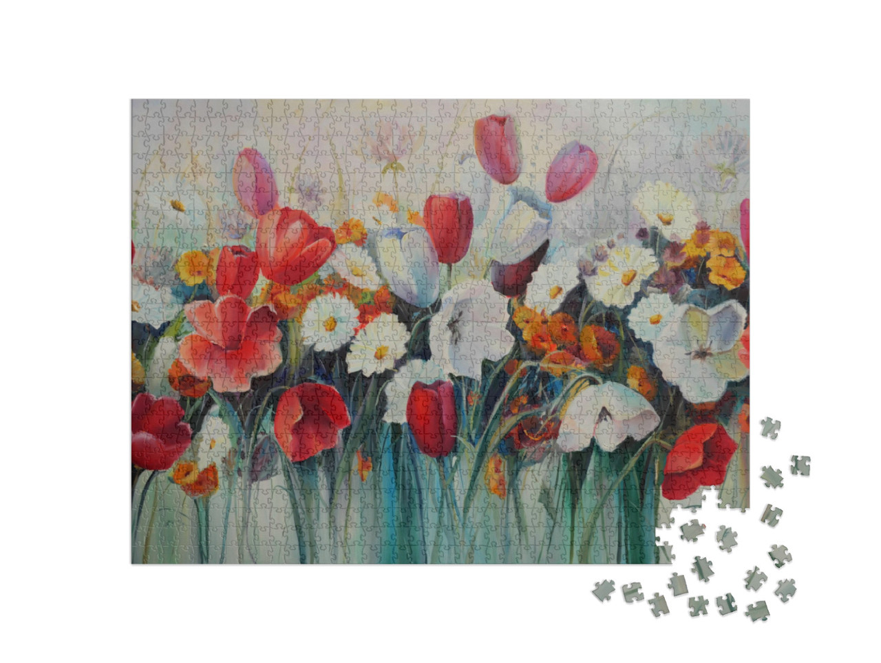 Puzzle 1000 pezzi „Pittura a olio: tulipani rossi e bianchi“
