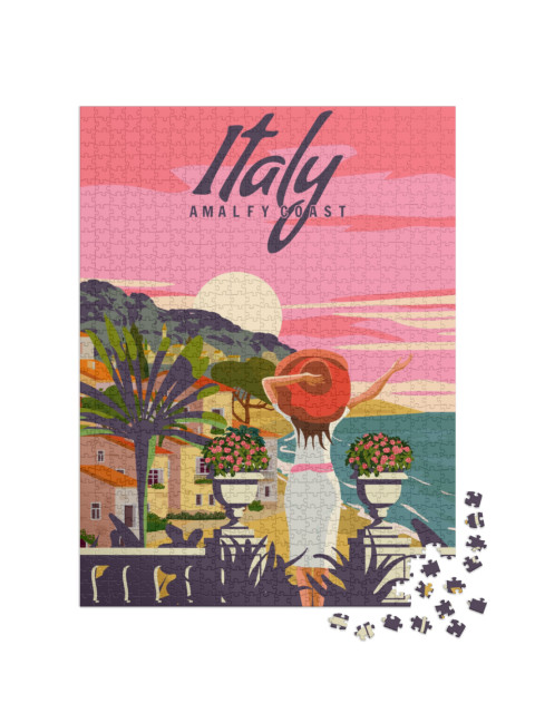 Puzzle 1000 pezzi „Italia, Signora in vacanza, Riviera coast poster vintage, palma, resort, costa, mare, spiaggia“