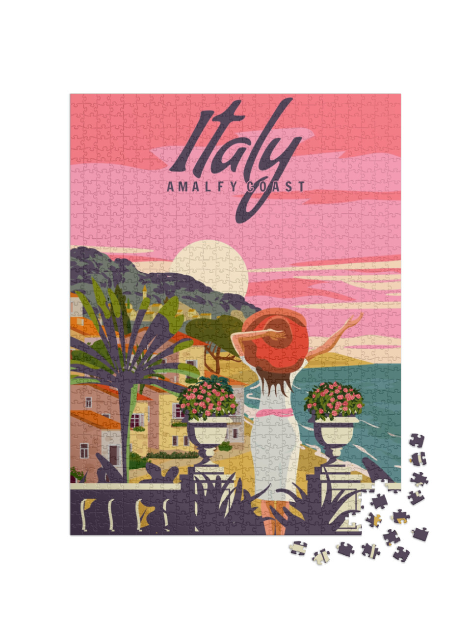 Puzzle 1000 pezzi „Italia, Signora in vacanza, Riviera coast poster vintage, palma, resort, costa, mare, spiaggia“