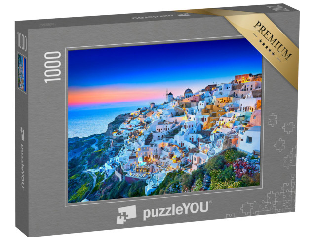 Puzzle 1000 pezzi „Chiesa di Santorini con romantico tramonto, Grecia“