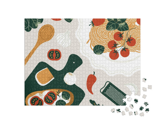 Puzzle 1000 pezzi „Sfondo di cibo italiano. Bruschetta con un piatto di pasta e altri elementi del cibo italiano“