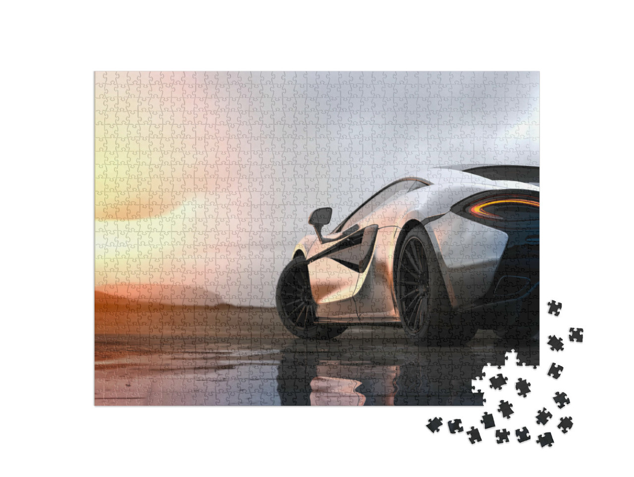Puzzle 1000 pezzi „Auto sportiva di lusso argentata al tramonto“