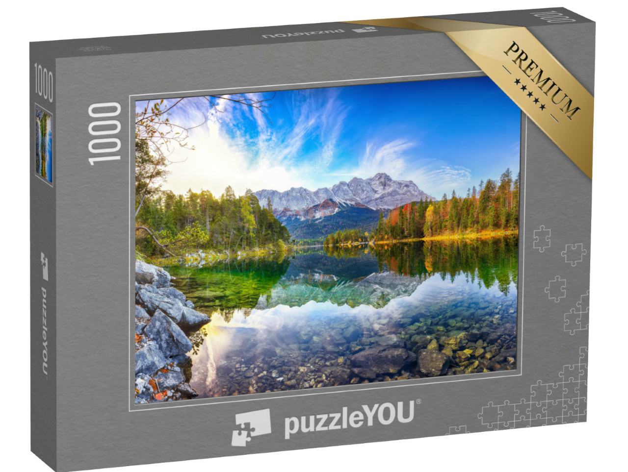 Puzzle 1000 pezzi „Bellissimo paesaggio autunnale sul lago Eibsee, Alpi Bavaresi, Germania“