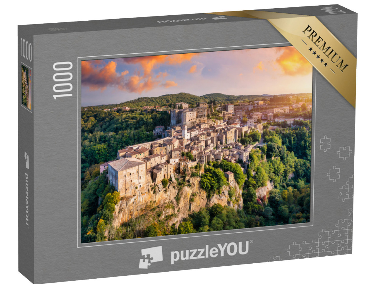 Puzzle 1000 pezzi „Il borgo medievale di Pitigliano sopra le rupi di tufo in provincia di Grosseto, Toscana, Italia“