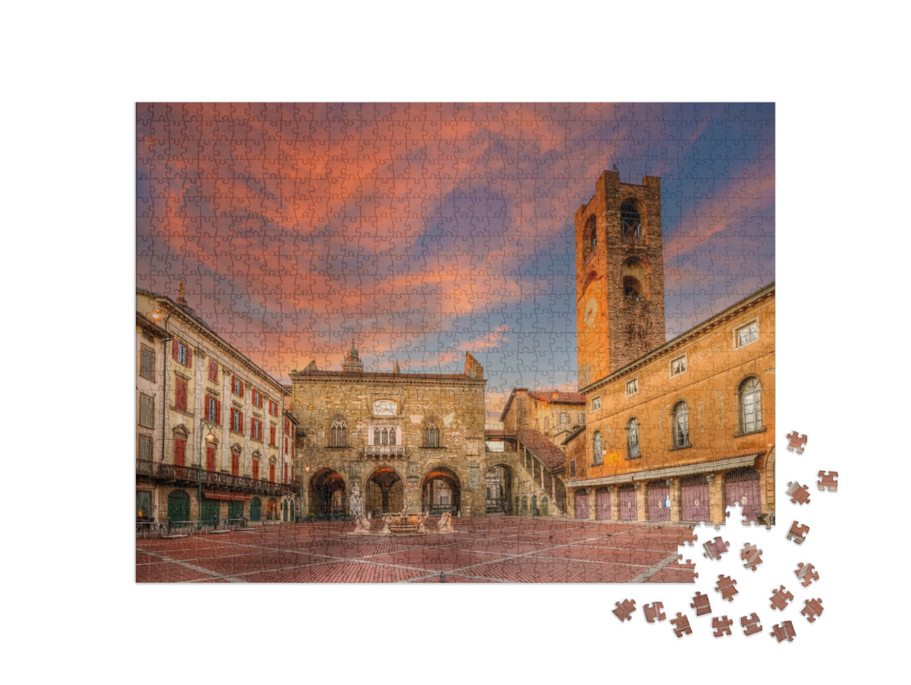 Puzzle 1000 pezzi „Piazza Vecchia vista notturna a Bergamo in Italia“