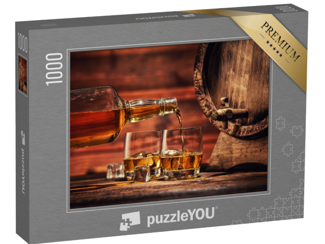 Puzzle 1000 pezzi „Versare il whisky dalla bottiglia in due bicchieri con cubetti di ghiaccio.“