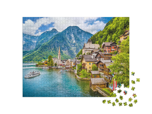 Puzzle 1000 pezzi „Il villaggio di montagna di Hallstatt con il lago di Hallstatt nel Salzkammergut“
