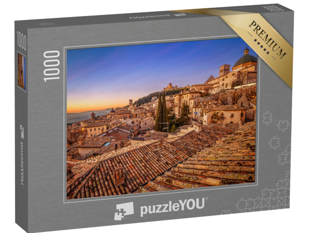 Puzzle 1000 pezzi „Assisi, Italia, tetto della collina e skyline del centro storico al tramonto.“