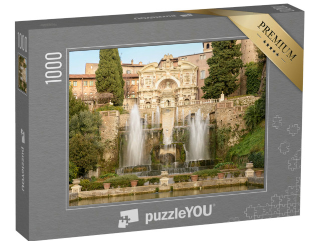 Puzzle 1000 pezzi „La Fontana del Nettuno e dell'Organo con il Castellum aqua, il castello con fossato: Villa d'Este, Tivoli“