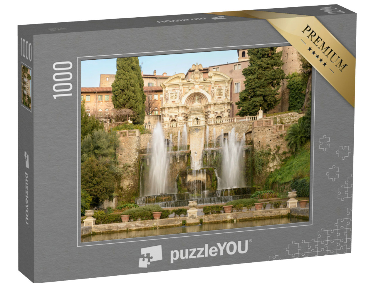 Puzzle 1000 pezzi „La Fontana del Nettuno e dell'Organo con il Castellum aqua, il castello con fossato: Villa d'Este, Tivoli“