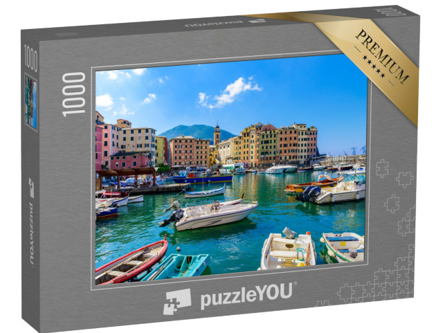 Puzzle 1000 pezzi „Scenografica costa mediterranea della Riviera. Il centro storico di Camogli con le sue case colorate“