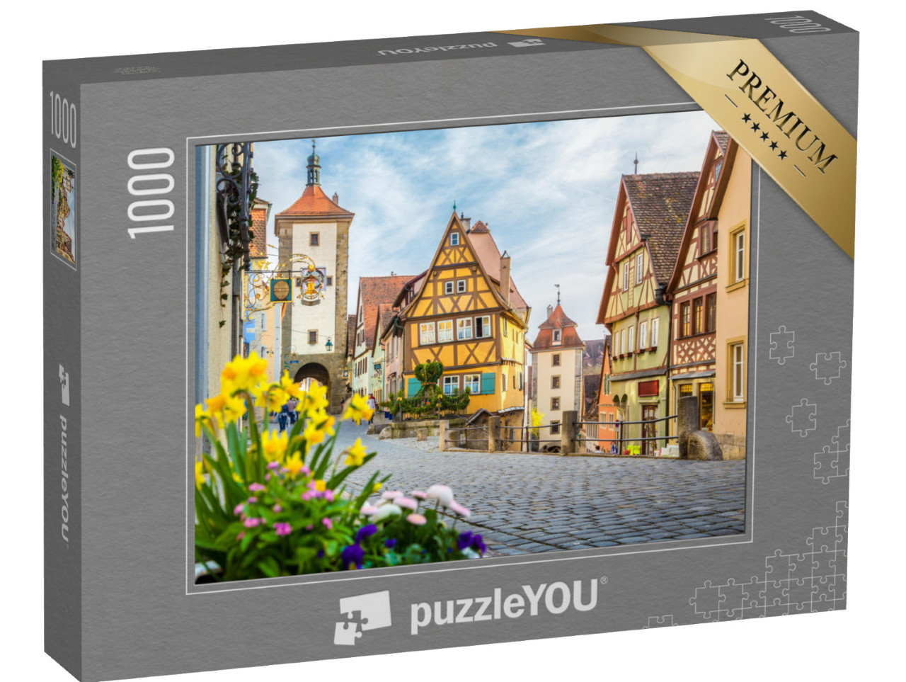 Puzzle 1000 pezzi „Città di Rothenburg ob der Tauber con fiori in fiore, Germania“