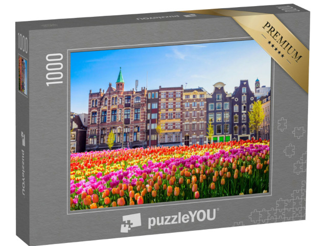 Puzzle 1000 pezzi „Antichi edifici tradizionali e tulipani ad Amsterdam, Paesi Bassi“