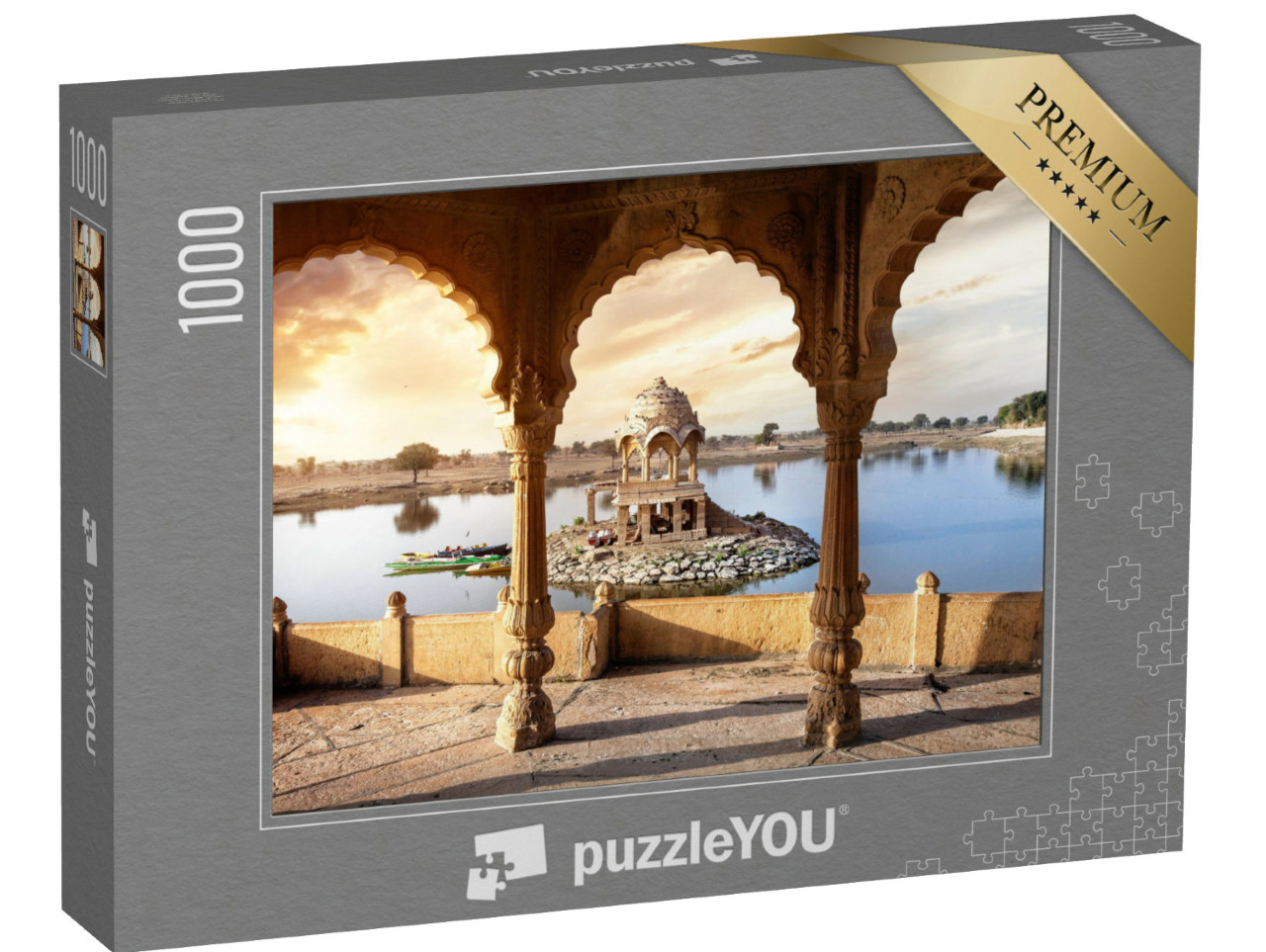 Puzzle 1000 pezzi „Archi di pietra e templi nel lago Gadi Sagar vicino a Jaisalmer, Rajasthan, India“