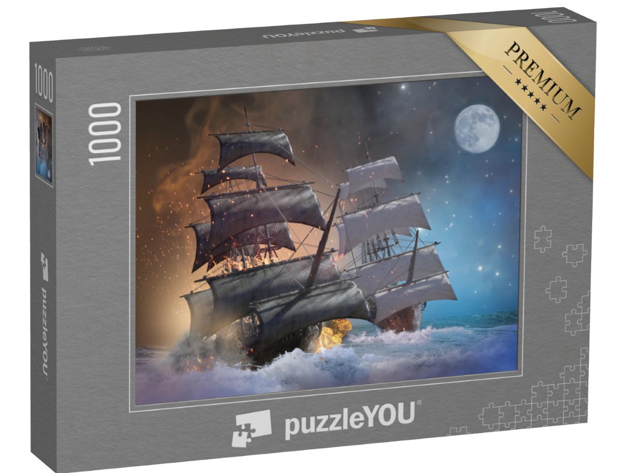 Puzzle 1000 pezzi „Illustrazione: Nave pirata in una battaglia navale notturna“