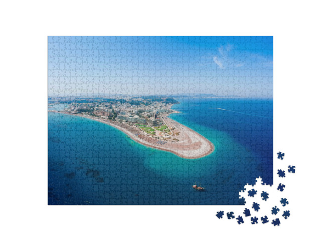 Puzzle 1000 pezzi „Vista a volo d'uccello: Rodi con la laguna dall'alto, Grecia“