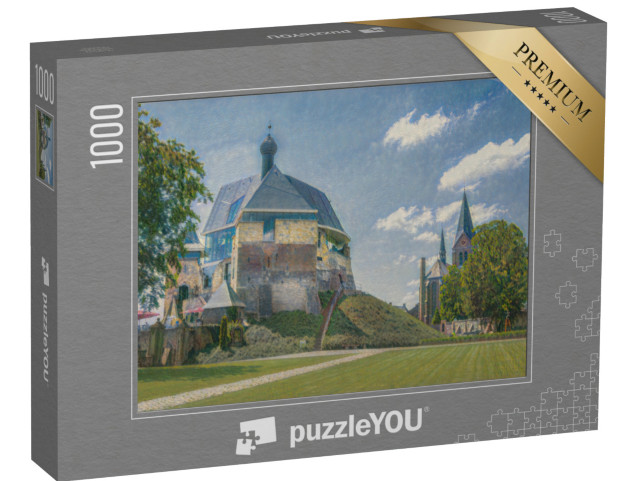 Puzzle 1000 pezzi „nello stile artistico di Claude Monet - castello e chiesa di Keverburg sulla Mosa, Paesi Bassi“