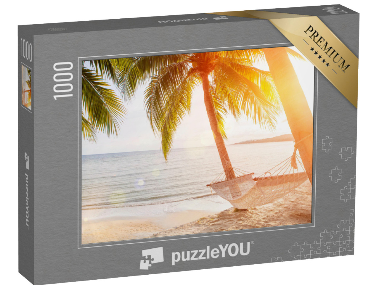 Puzzle 1000 pezzi „Amaca su una palma al tramonto“