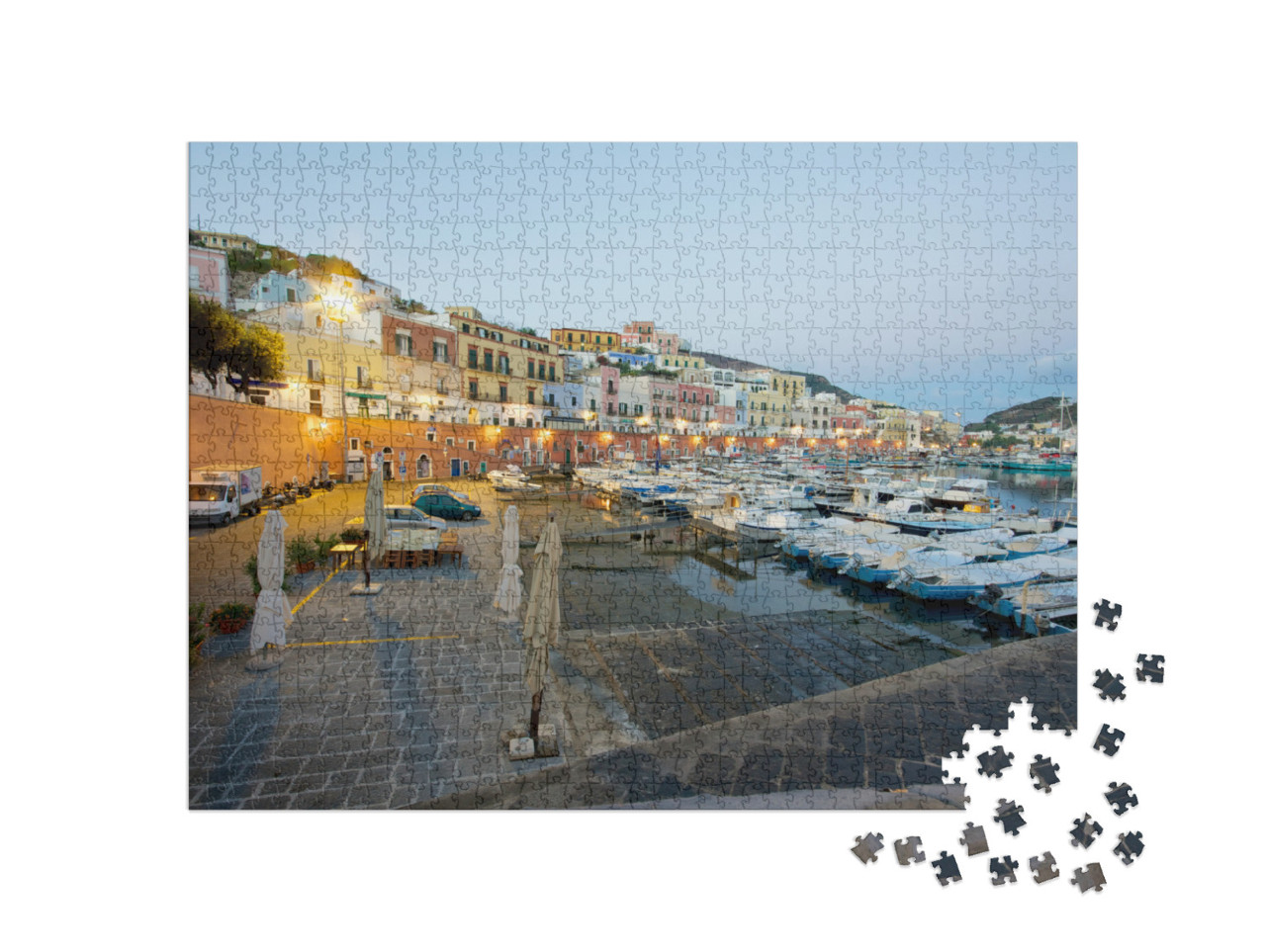 Puzzle 1000 pezzi „Città dell'isola di Ponza e porto prima dell'alba. Italia“