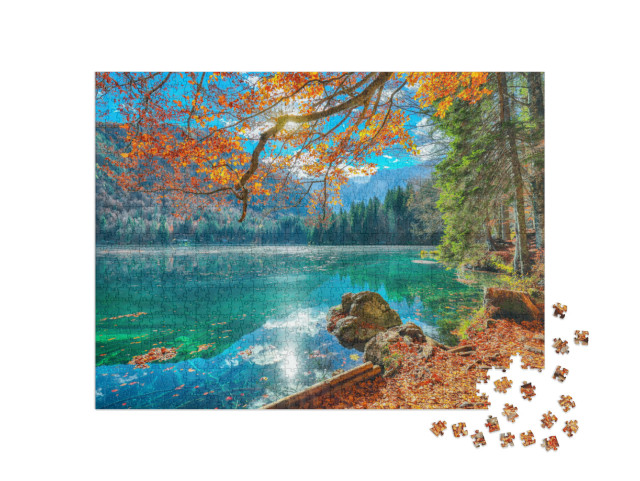 Puzzle 1000 pezzi „Il lago di Fusine con la cima del Mangart sullo sfondo, comune di Tarvisio, provincia di Udine, Italia“